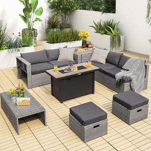 9 Pieces Patio Furniture Set with 42 Inches 60000 BTU Fire Pit-Gray view 2
