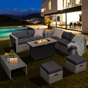 9 Pieces Patio Furniture Set with 42 Inches 60000 BTU Fire Pit-Gray view 3