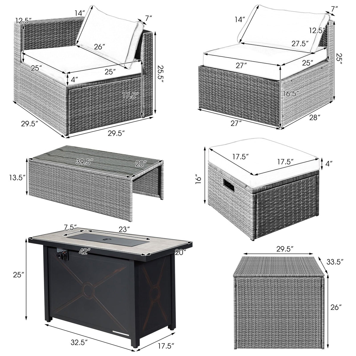 9 Pieces Patio Furniture Set with 42 Inches 60000 BTU Fire Pit-Gray view 4