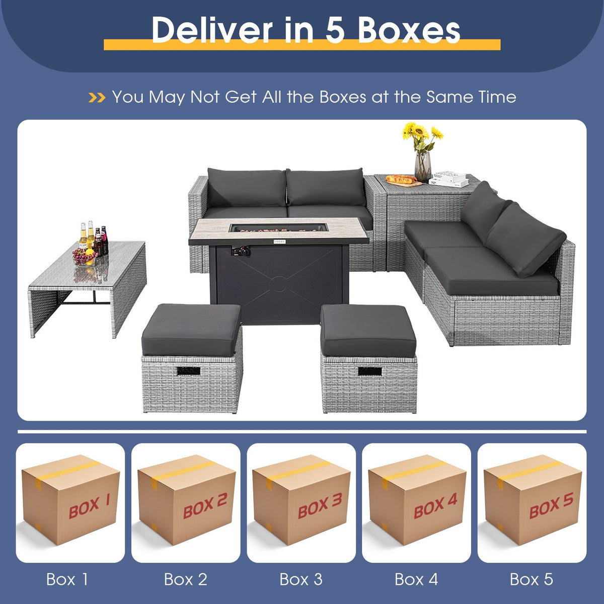 9 Pieces Patio Furniture Set with 42 Inches 60000 BTU Fire Pit-Gray view 5