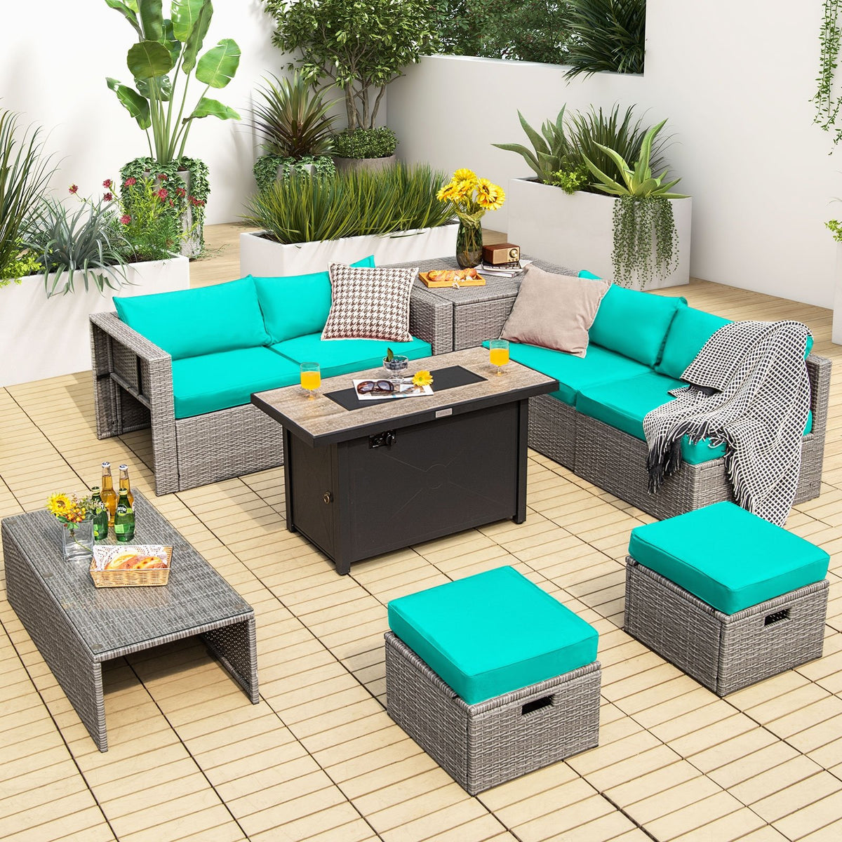 9 Pieces Patio Furniture Set with 42 Inches 60000 BTU Fire Pit-Turquoise view 2