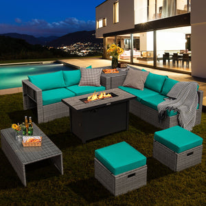 9 Pieces Patio Furniture Set with 42 Inches 60000 BTU Fire Pit-Turquoise view 3