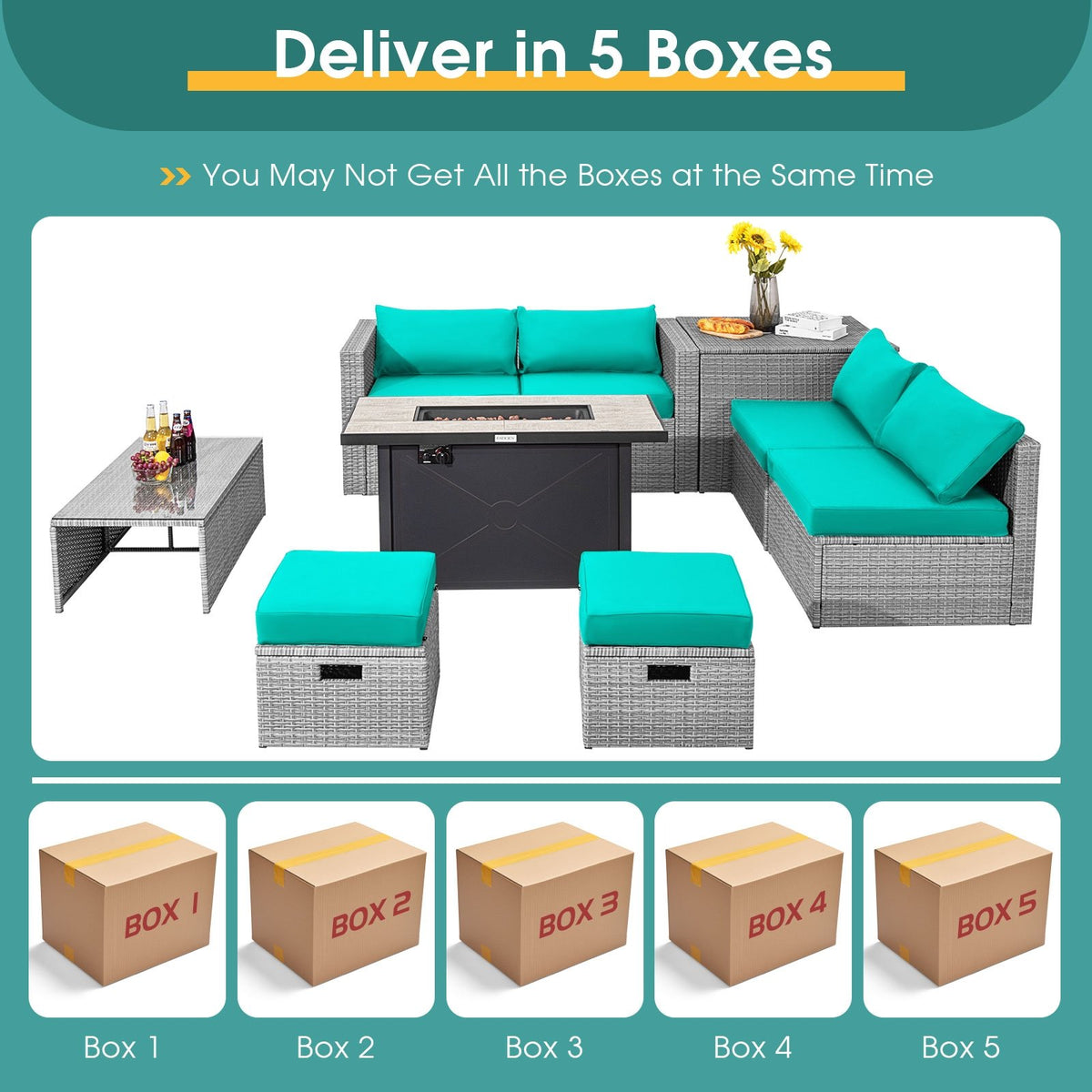 9 Pieces Patio Furniture Set with 42 Inches 60000 BTU Fire Pit-Turquoise view 5