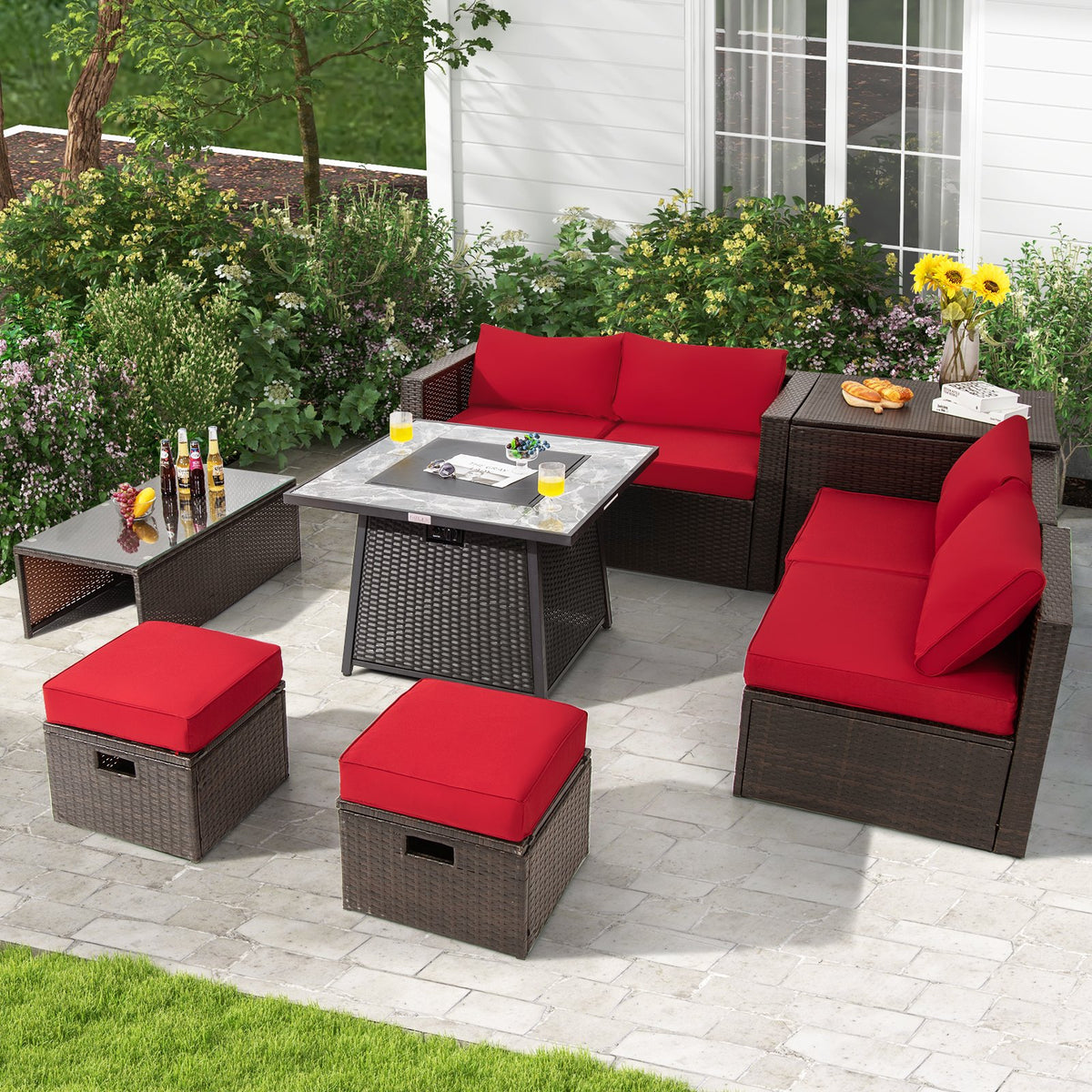 9 Pieces Patio PE Wicker Sectional Set with 50000 BTU Fire Pit Table-Red view 2