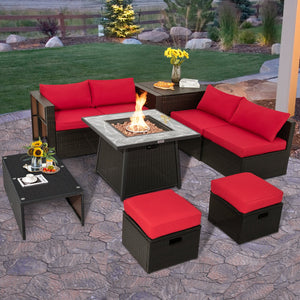 9 Pieces Patio PE Wicker Sectional Set with 50000 BTU Fire Pit Table-Red view 3