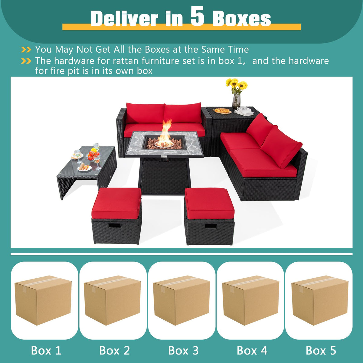 9 Pieces Patio PE Wicker Sectional Set with 50000 BTU Fire Pit Table-Red view 6