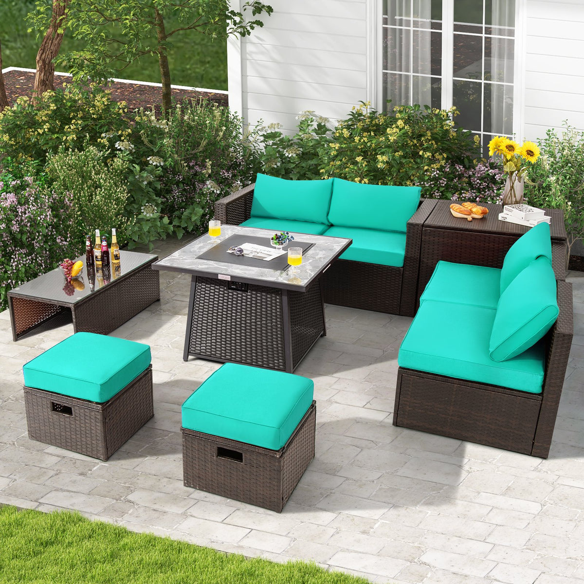 9 Pieces Patio PE Wicker Sectional Set with 50000 BTU Fire Pit Table-Turquoise view 2