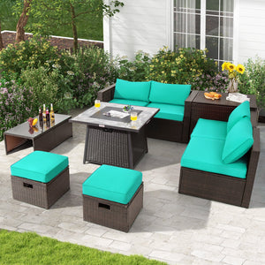 9 Pieces Patio PE Wicker Sectional Set with 50000 BTU Fire Pit Table-Turquoise view 2