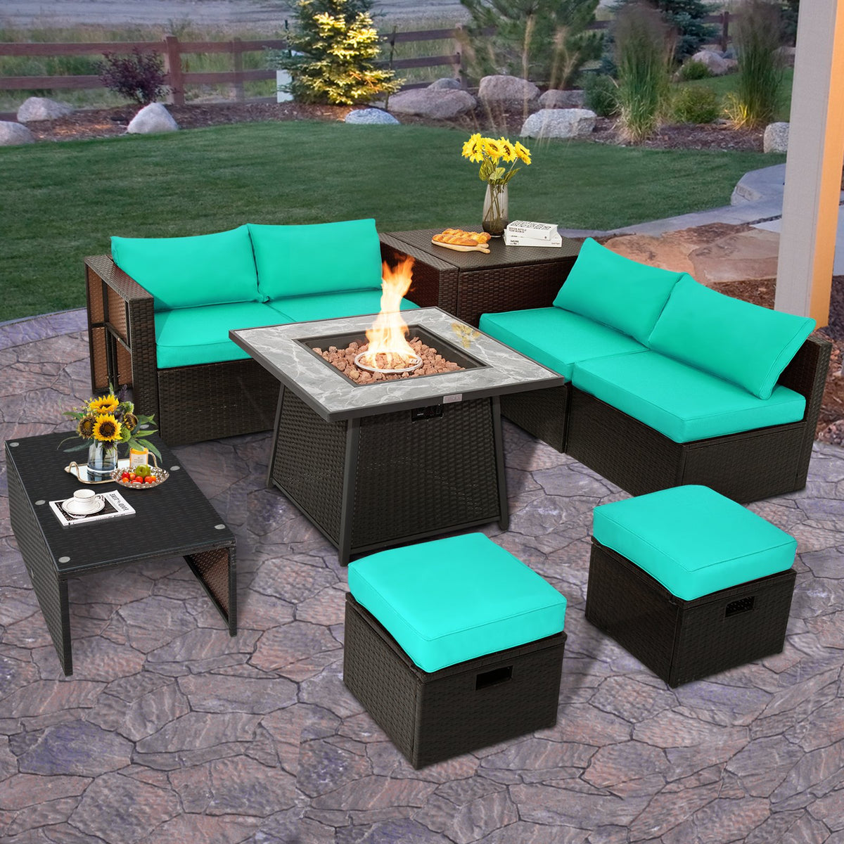 9 Pieces Patio PE Wicker Sectional Set with 50000 BTU Fire Pit Table-Turquoise view 3