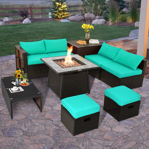 9 Pieces Patio PE Wicker Sectional Set with 50000 BTU Fire Pit Table-Turquoise view 3