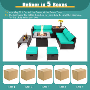 9 Pieces Patio PE Wicker Sectional Set with 50000 BTU Fire Pit Table-Turquoise view 6