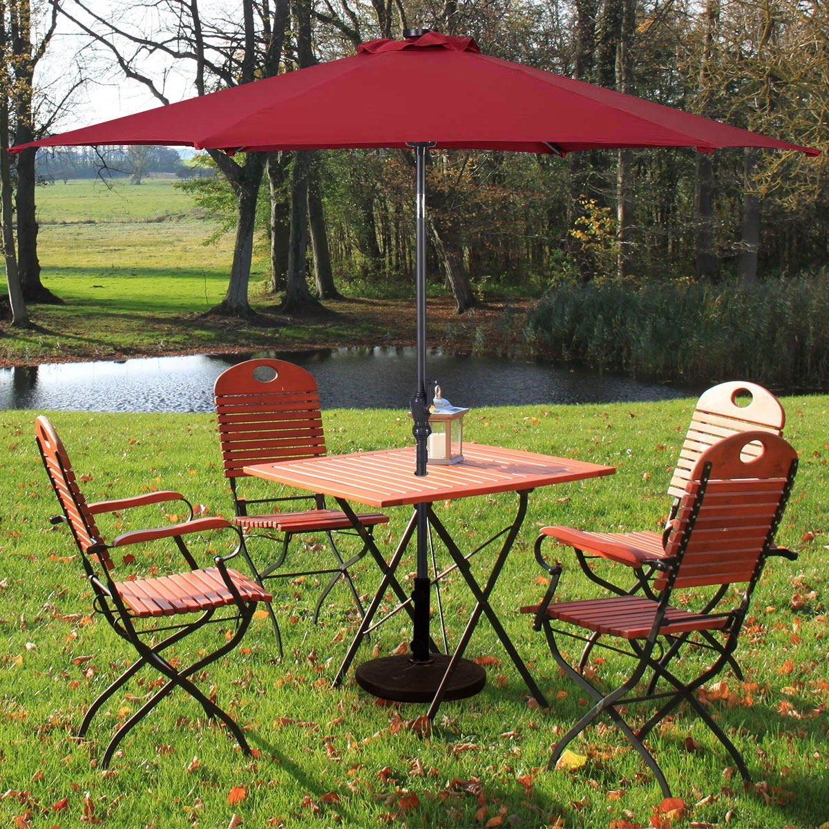 9' Solar LED Lighted Patio Market Umbrella Tilt Adjustment Crank Lift -Burgundy view 3
