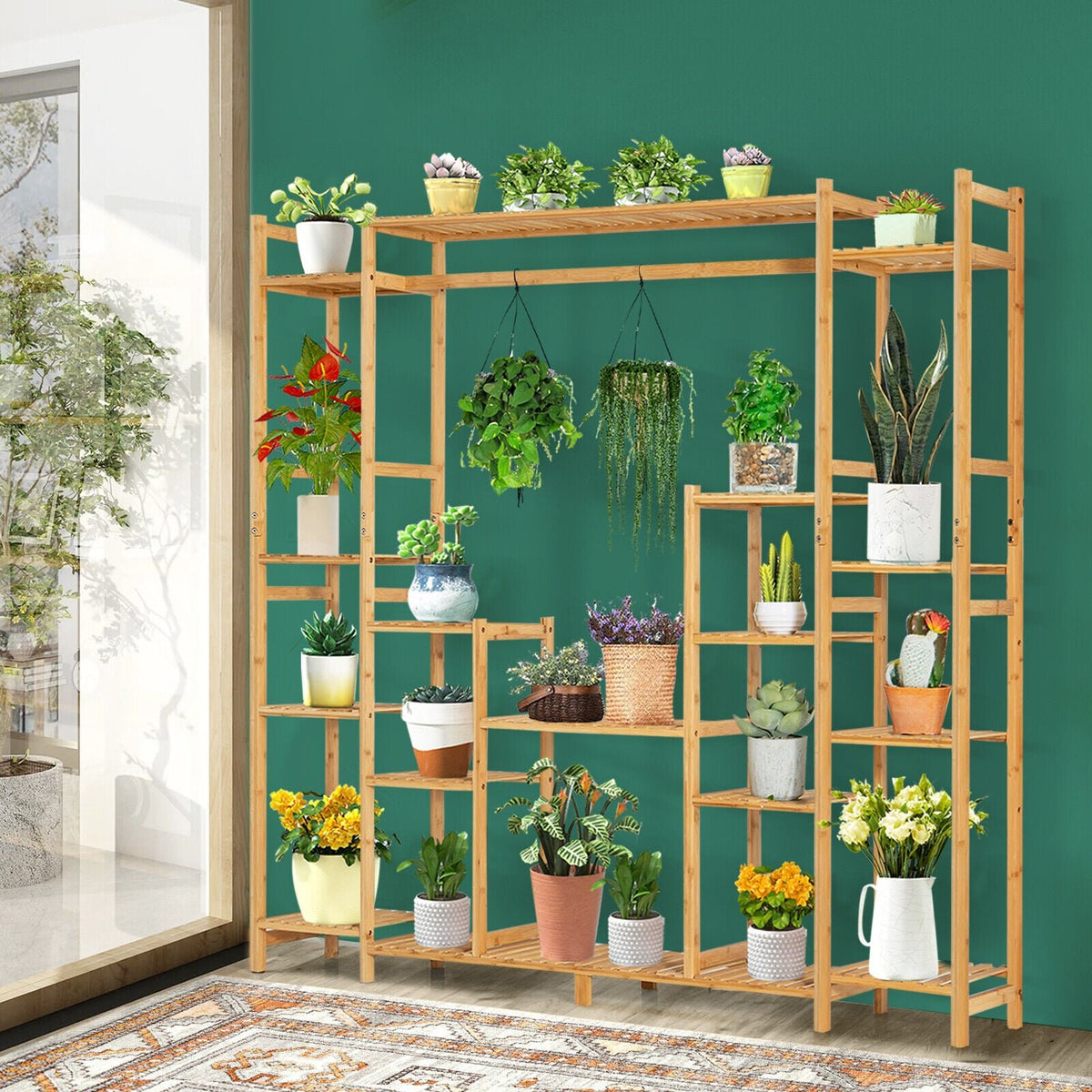 9-Tier Bamboo Plant Stand with Hanging Rack view 2