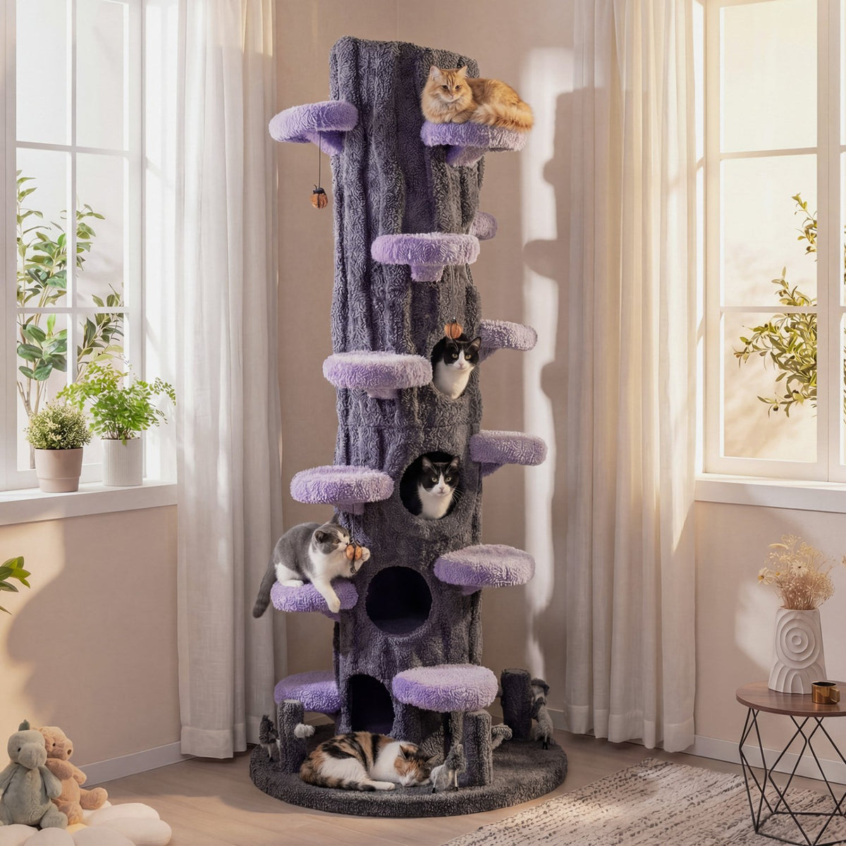 90.5 Inch Tall Multifunctional Cat Tree with Private Condos for Indoor Cats-Purple view 2