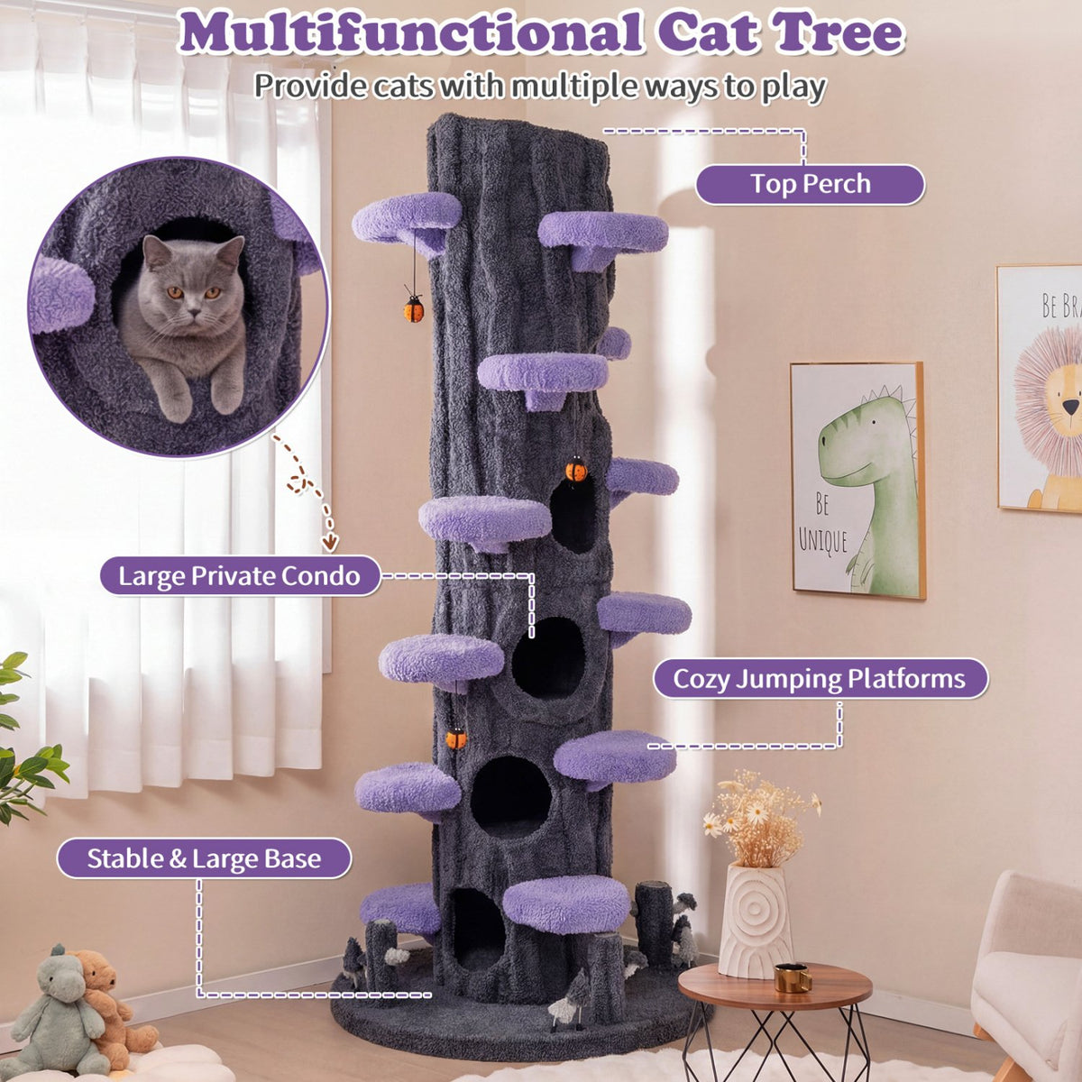 90.5 Inch Tall Multifunctional Cat Tree with Private Condos for Indoor Cats-Purple view 5