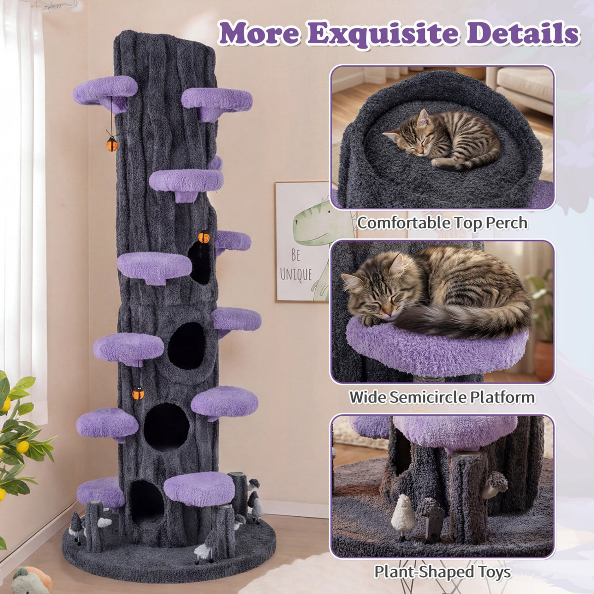 90.5 Inch Tall Multifunctional Cat Tree with Private Condos for Indoor Cats-Purple view 9