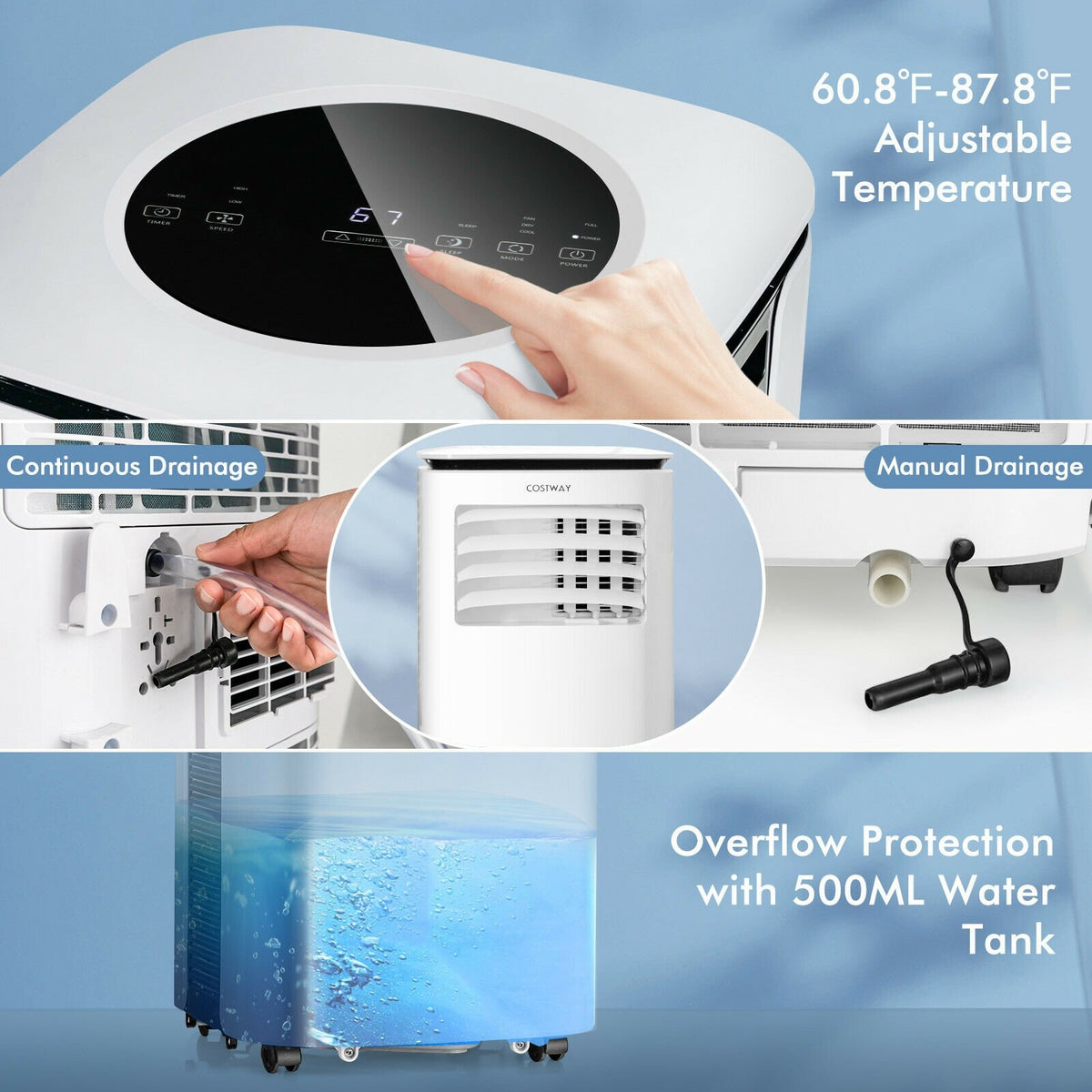9000 BTU 3 in 1 Portable Air Conditioner with Fan and Dehumidifier-White view 9