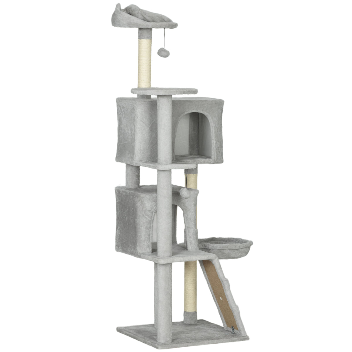 63 Inch Cat Tree with Sisal Scratching Posts, Condos, Plush Perches, Hammock, Ladder, Dangling Balls, Beige – view 15