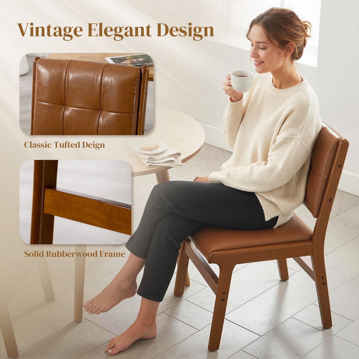 Set of 2 Kitchen Chairs, Button Tufted PU Leather Upholstered Dining Chairs with Rubberwood Legs for Dining Room, Brown