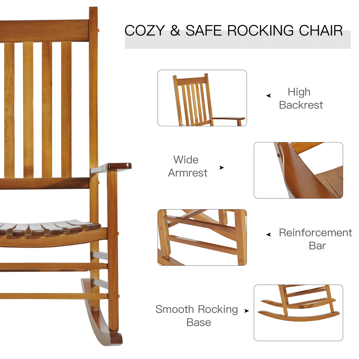 Wooden Porch Rocking Chair Outdoor Patio Rocker Garden Single Leisure Reclining Seat Armchair Natural – view 3
