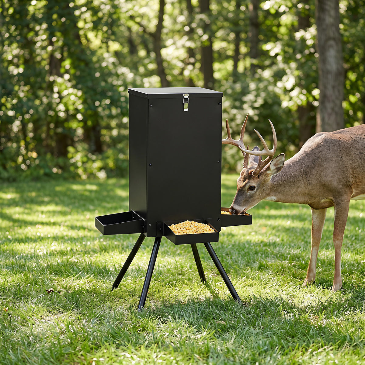 90LB Gravity Deer Feeder with 4 Feeding Trays and 4-Leg Stand-Black view 2