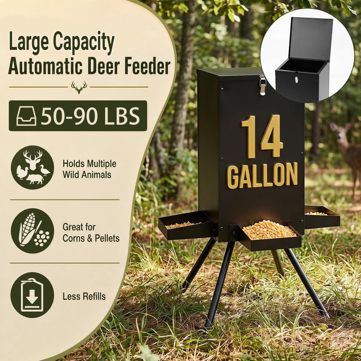 90LB Gravity Deer Feeder with 4 Feeding Trays and 4-Leg Stand-Black view 7