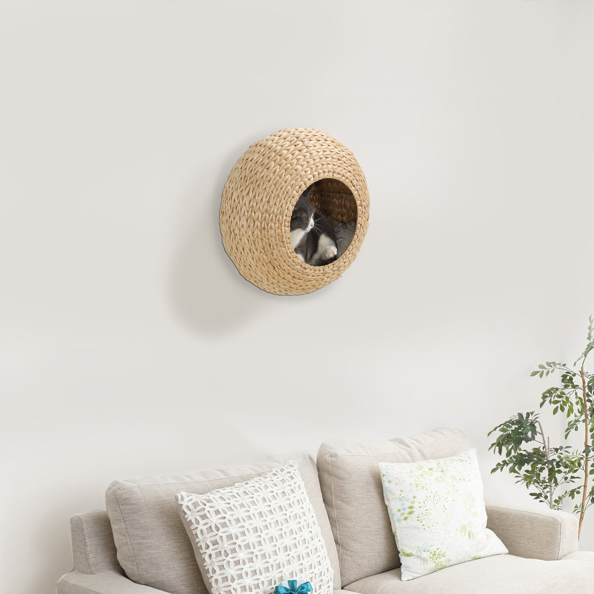 Cat Wall Shelf with Washable Cushion, Wall Mounted Cat Condo Furniture for Indoor Kittens, Beige