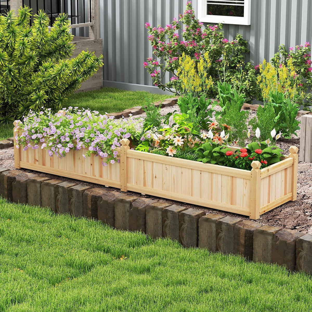 91 x 24 x 16 Inch Divisible Planter Box with Corner Drainage and Non-woven Liner for Growing Vegetables-Natural view 5