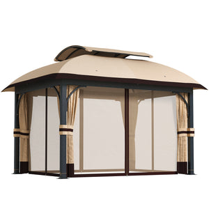 11' x 13' Patio Gazebo, Double Roof Outdoor Gazebo Canopy with Netting & Curtains, Galvanized Metal Frame, Khaki