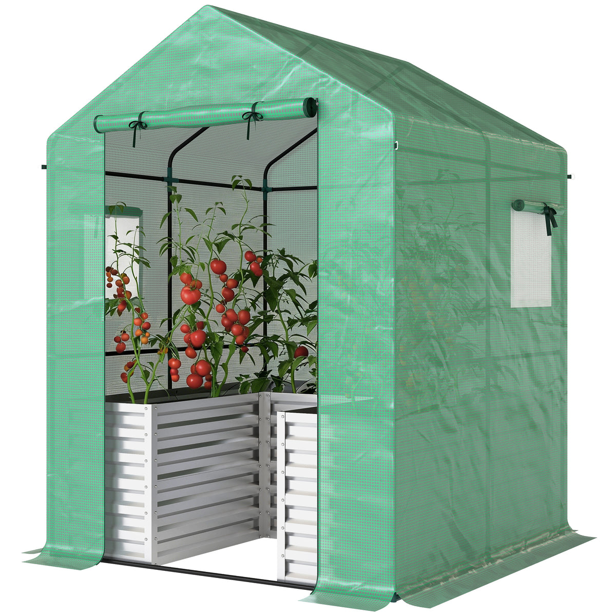 Greenhouse with Raised Garden Bed, Galvanized Metal Planter Box with PE Cover, Roll Up Door