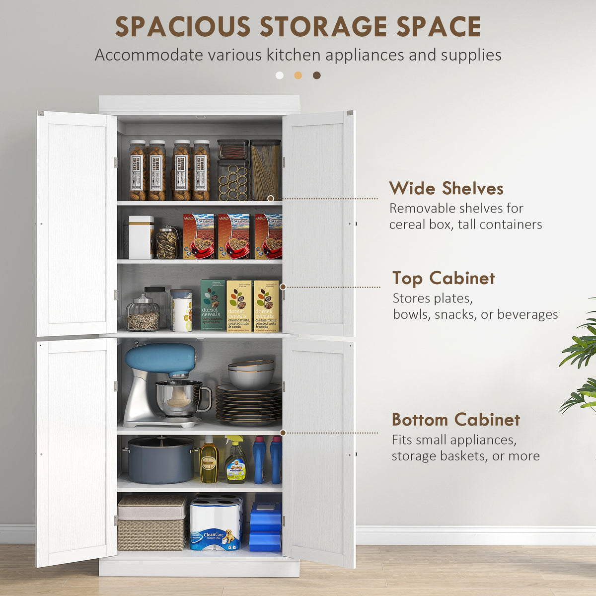 72.5" Freestanding Kitchen Pantry Cabinet with 4 Doors, White