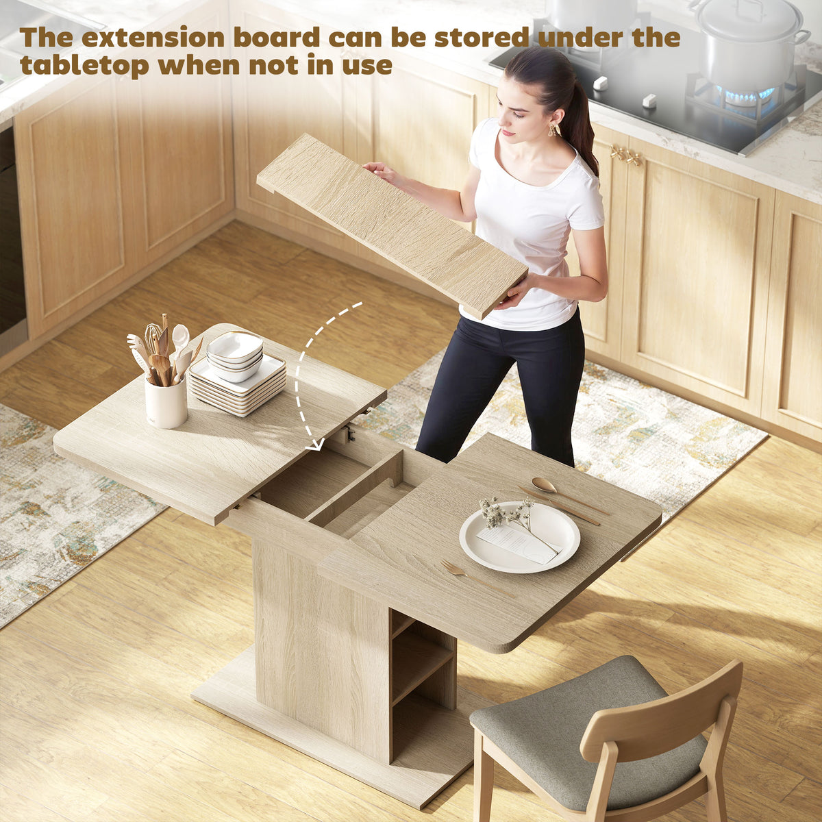 Extendable Dining Table for 4-6 People, 43.3"-51.2" Kitchen Table with 6 Open Shelves, Natural Wood