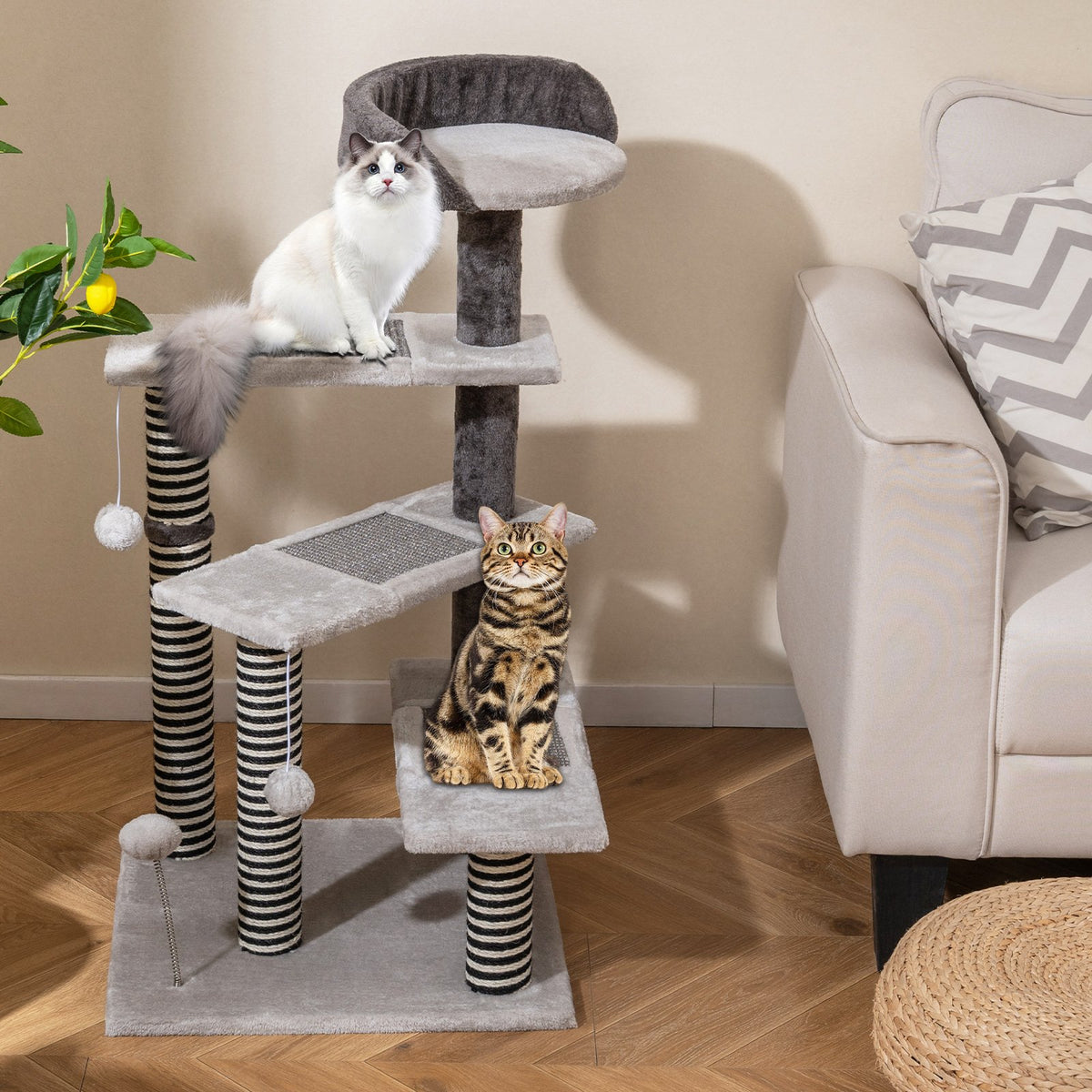 93 CM Tall Cat Tree Kitten Tower with Sisal and Jute Scratching Posts-Gray view 3