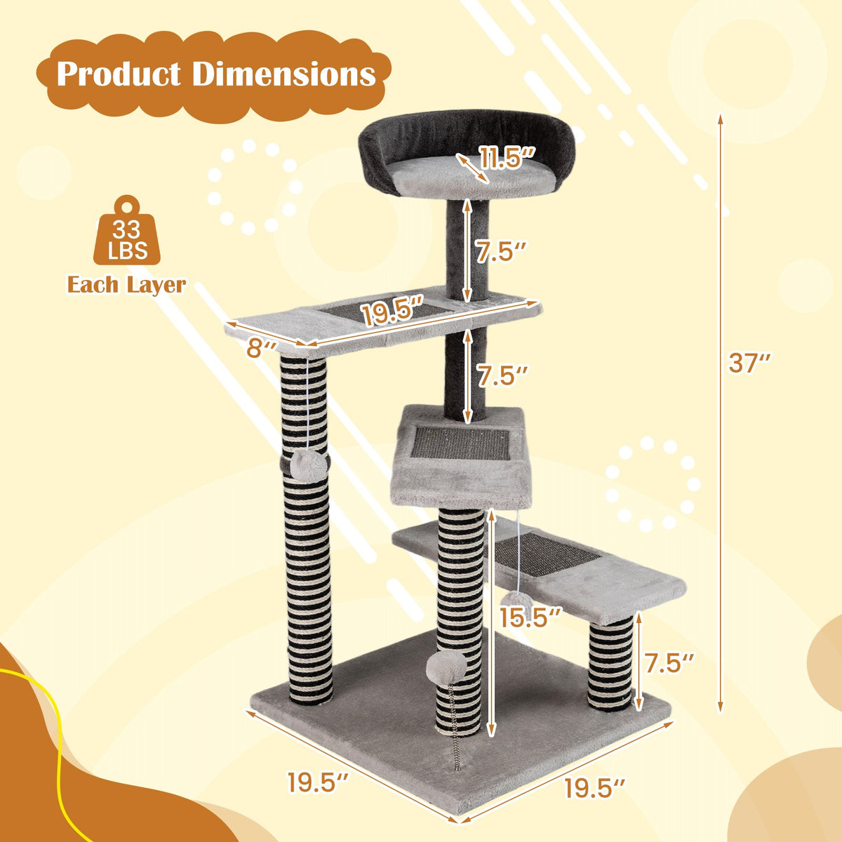 93 CM Tall Cat Tree Kitten Tower with Sisal and Jute Scratching Posts-Gray view 5
