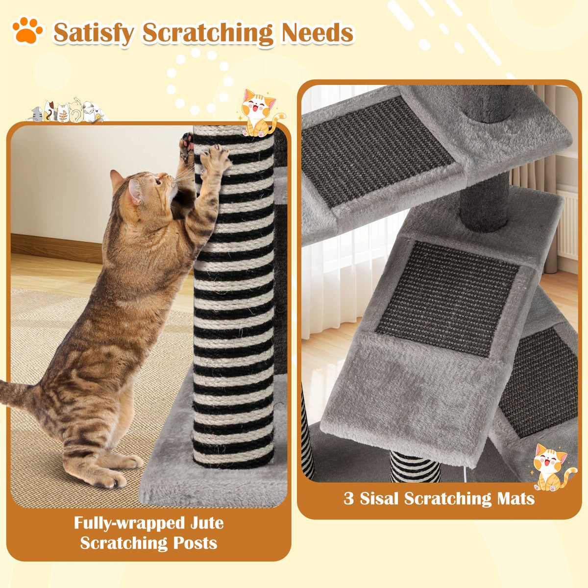 93 CM Tall Cat Tree Kitten Tower with Sisal and Jute Scratching Posts-Gray view 8