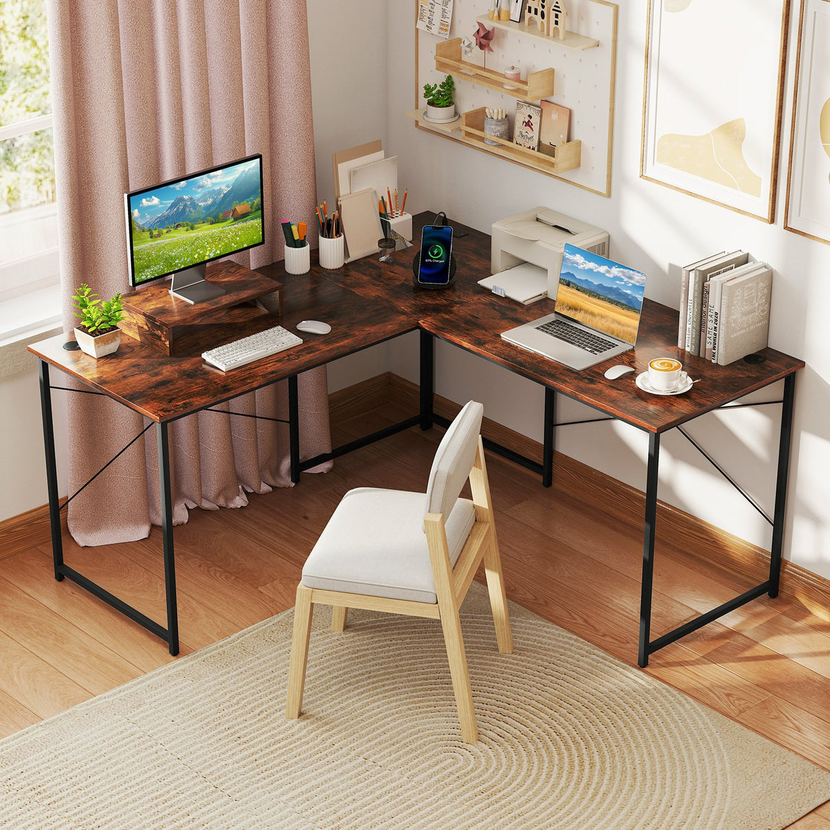 95 Inch 2-Person L-Shaped Long Reversible Computer Desk with Monitor Stand-Rustic Brown view 2