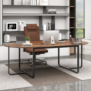 95 Inches Oval Conference Industrial Executive Table with Dual Cable Holes-Rustic Brown view 2