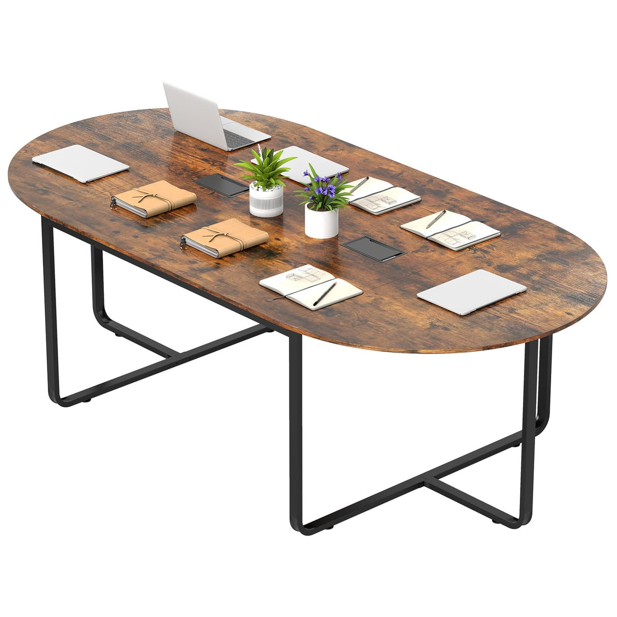 95 Inches Oval Conference Industrial Executive Table with Dual Cable Holes-Rustic Brown view 4