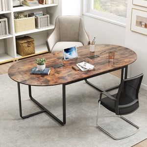 95 Inches Oval Conference Industrial Executive Table with Dual Cable Holes-Rustic Brown view 7