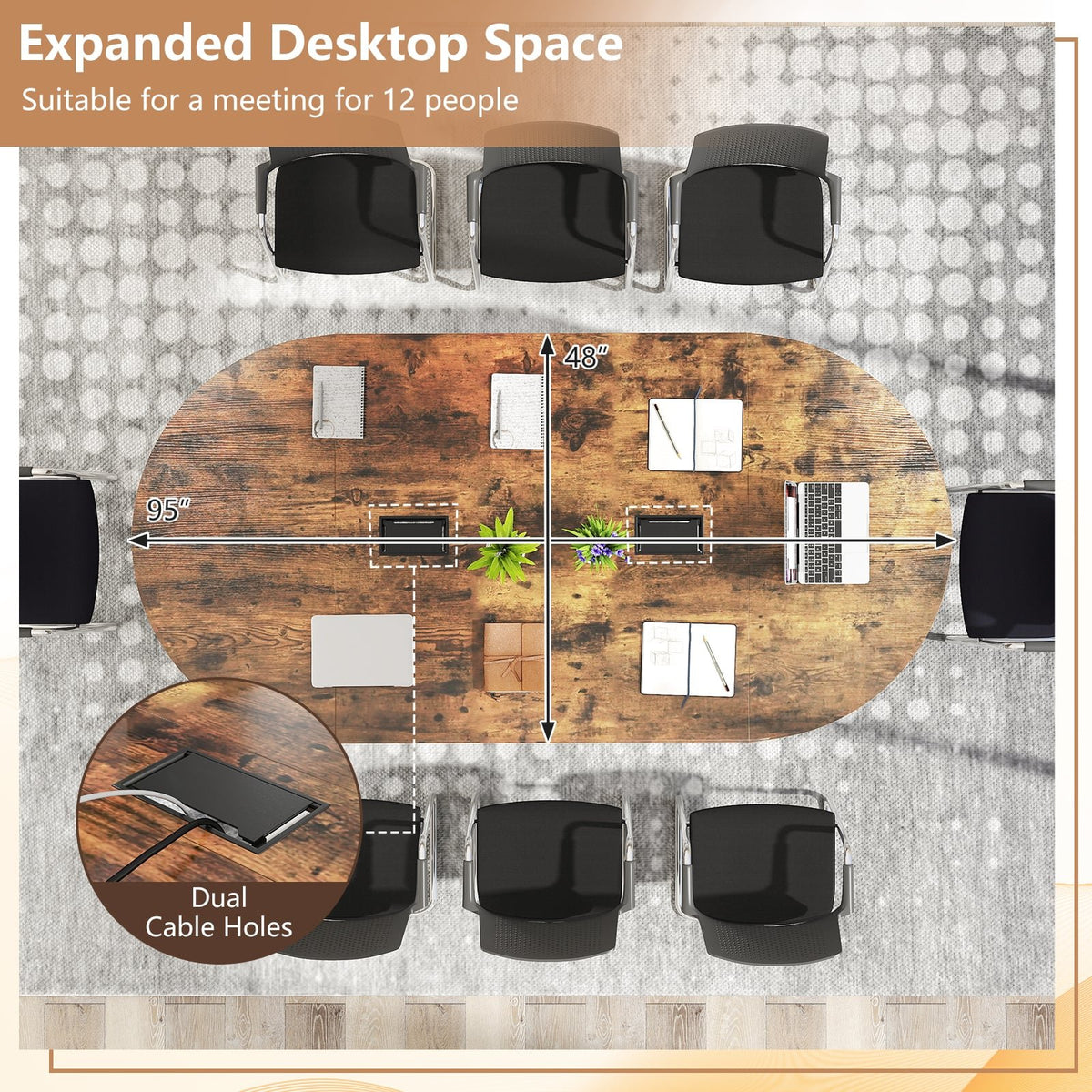 95 Inches Oval Conference Industrial Executive Table with Dual Cable Holes-Rustic Brown view 8