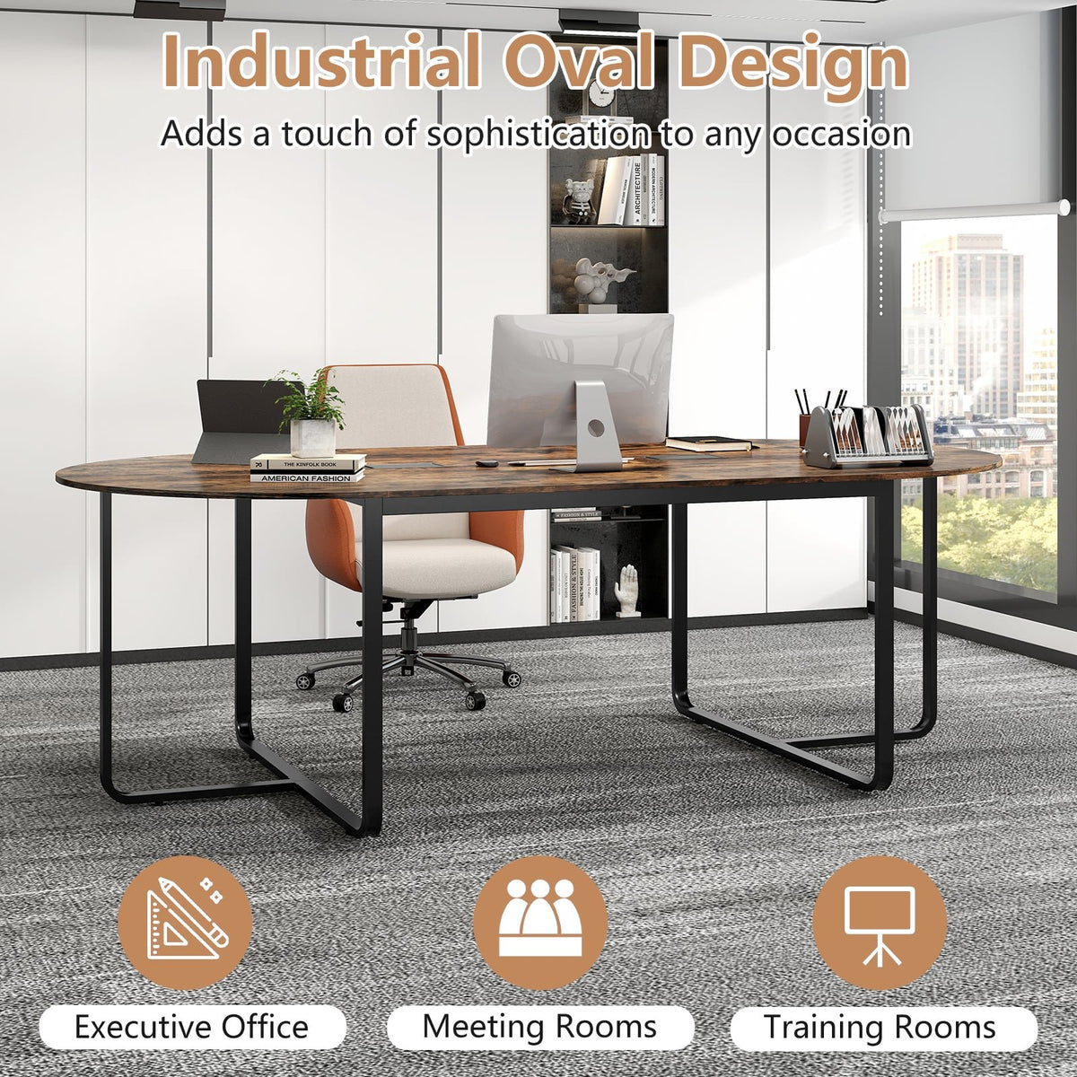 95 Inches Oval Conference Industrial Executive Table with Dual Cable Holes-Rustic Brown view 9