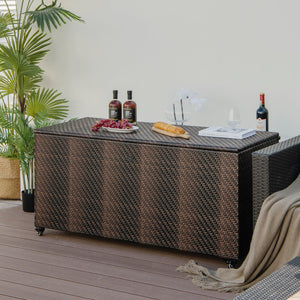 96 Gallon PE Wicker Outdoor Storage Box with 4 Wheels-Brown view 2