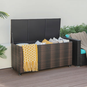 96 Gallon PE Wicker Outdoor Storage Box with 4 Wheels-Brown view 3