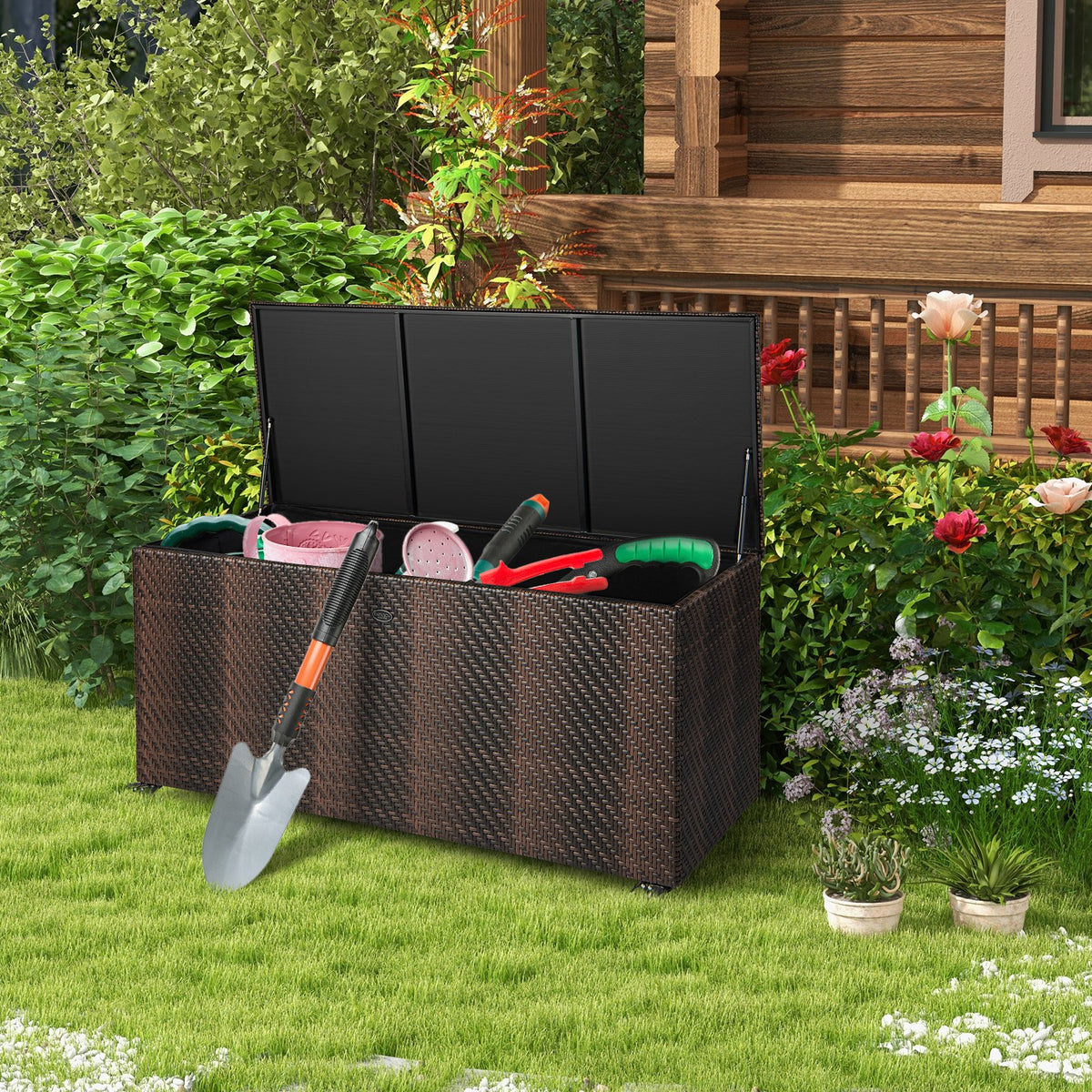 96 Gallon PE Wicker Outdoor Storage Box with 4 Wheels-Brown view 5