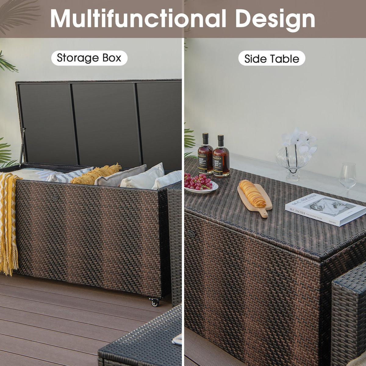 96 Gallon PE Wicker Outdoor Storage Box with 4 Wheels-Brown view 6