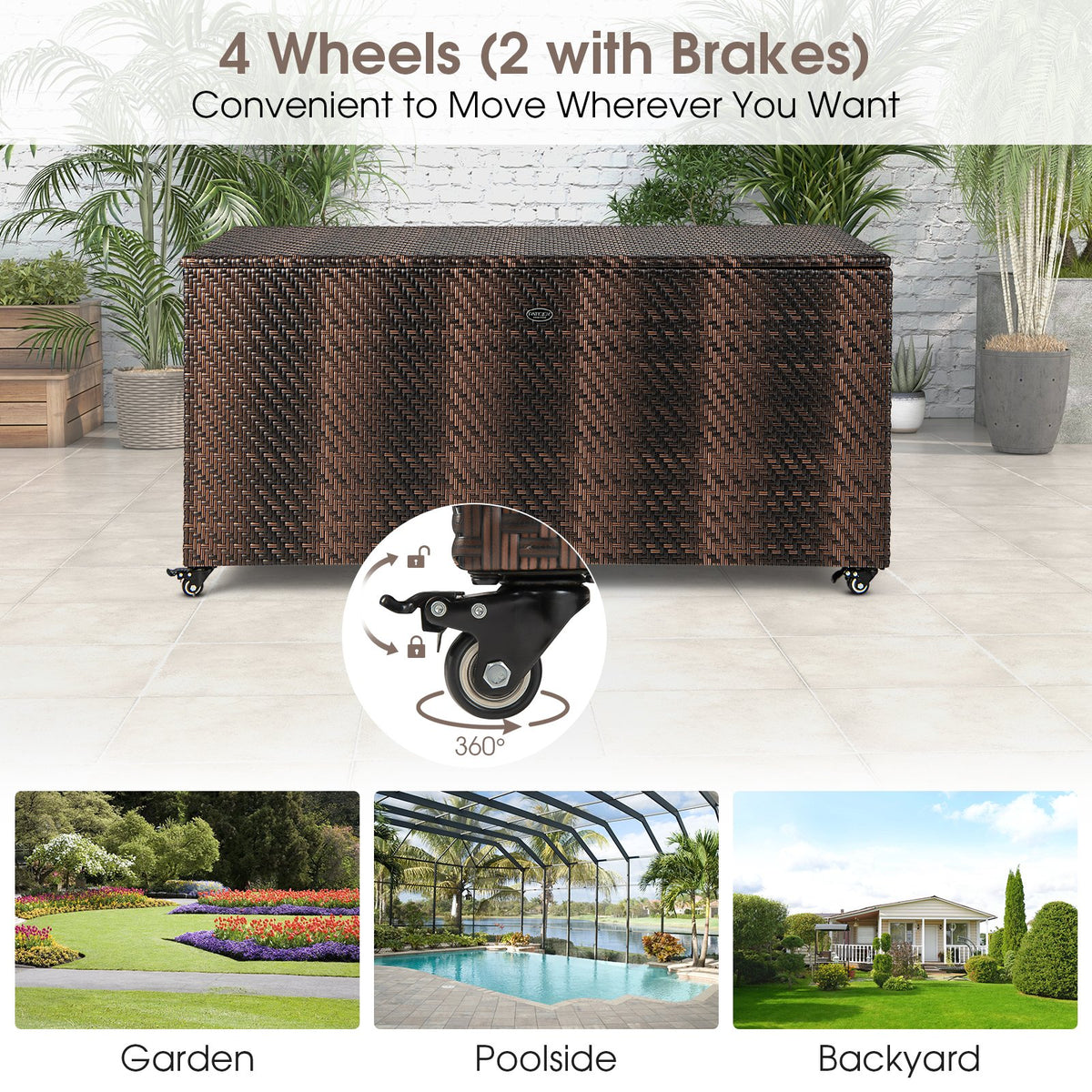 96 Gallon PE Wicker Outdoor Storage Box with 4 Wheels-Brown view 9