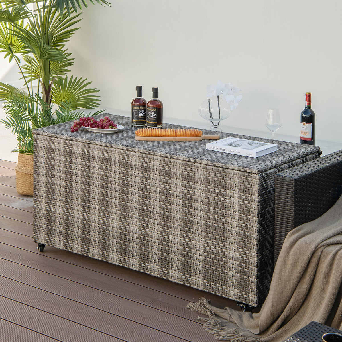 96 Gallon PE Wicker Outdoor Storage Box with 4 Wheels-Gray view 2