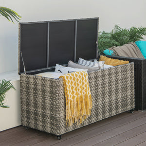 96 Gallon PE Wicker Outdoor Storage Box with 4 Wheels-Gray view 3