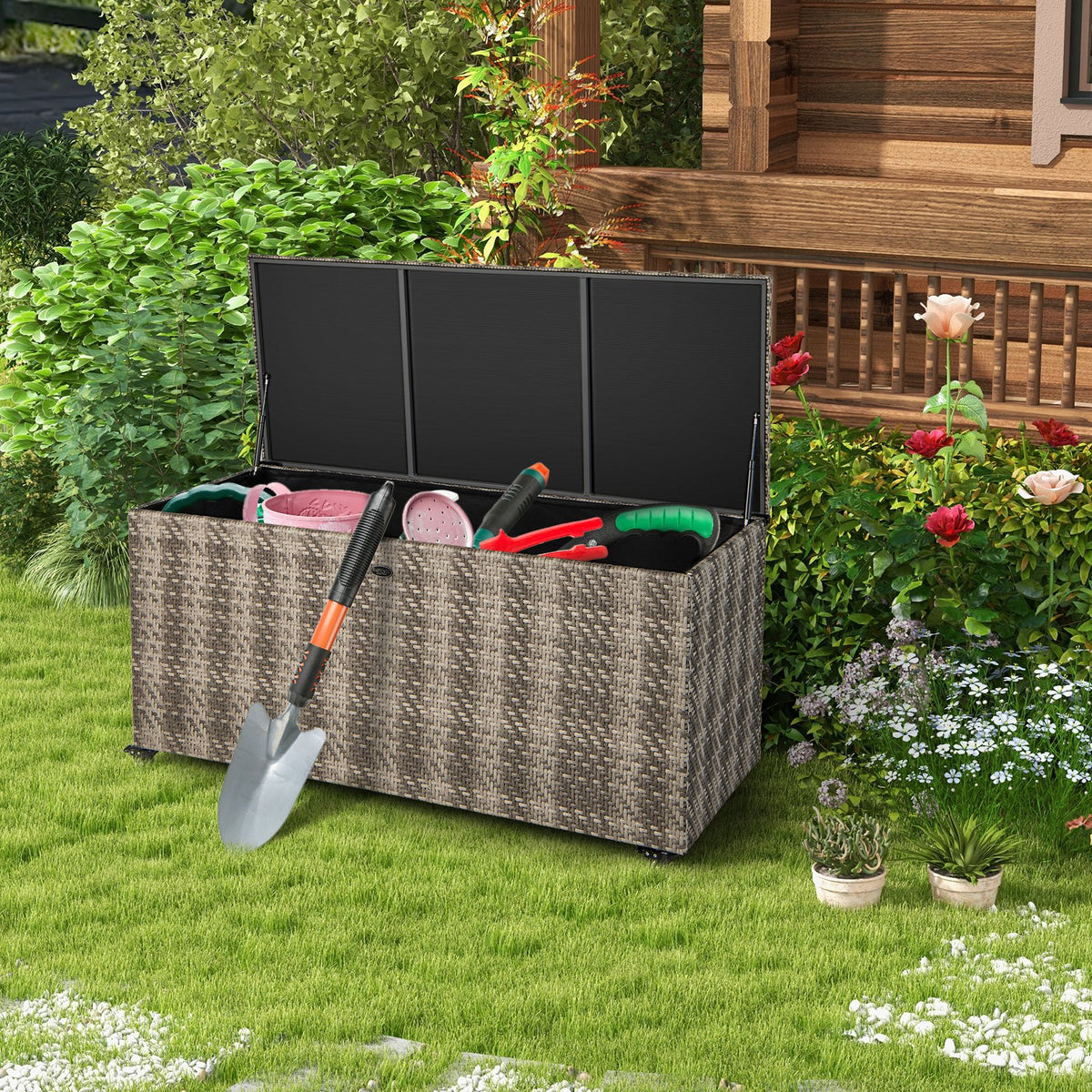 96 Gallon PE Wicker Outdoor Storage Box with 4 Wheels-Gray view 5