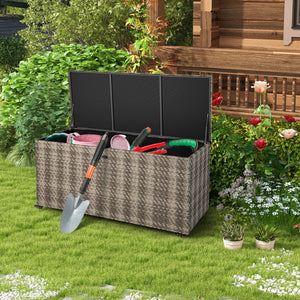 96 Gallon PE Wicker Outdoor Storage Box with 4 Wheels-Gray view 5